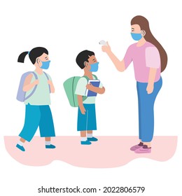 Teacher Measuring temperature in kindergarten, new normal lifestyle concept. children standing in row, back to school after coronavirus pandemic, kids wearing face mask, isolated on background.