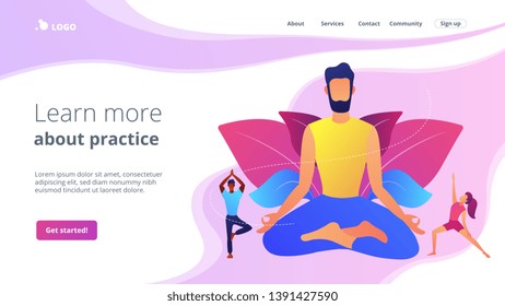 Teacher meditating in lotus pose and tiny people learning to do yoga exercises. Yoga school, open yoga studio, learn more about practice concept. Website homepage landing web page template.