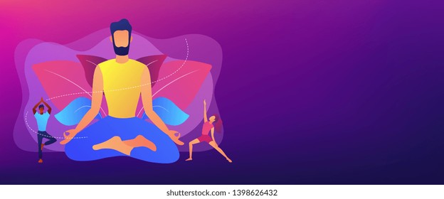 Teacher meditating in lotus pose and tiny people learning to do yoga exercises. Yoga school, open yoga studio, learn more about practice concept. Header or footer banner template with copy space.