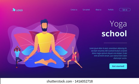 Teacher meditating in lotus pose and tiny people learning to do yoga exercises. Yoga school, open yoga studio, learn more about practice concept. Website homepage landing web page template.