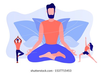 Teacher meditating in lotus pose and tiny people learning to do yoga exercises. Yoga school, open yoga studio, learn more about practice concept. Pinkish coral bluevector isolated illustration