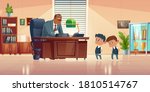 Teacher meeting with kids in principals office. Vector cartoon illustration of kind man school headmaster talk with two guilty boys. Administration cabinet with director and students