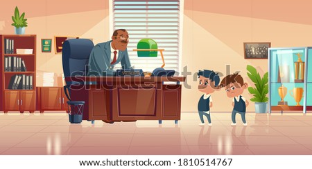 Teacher meeting with kids in principals office. Vector cartoon illustration of kind man school headmaster talk with two guilty boys. Administration cabinet with director and students ストックフォト © 