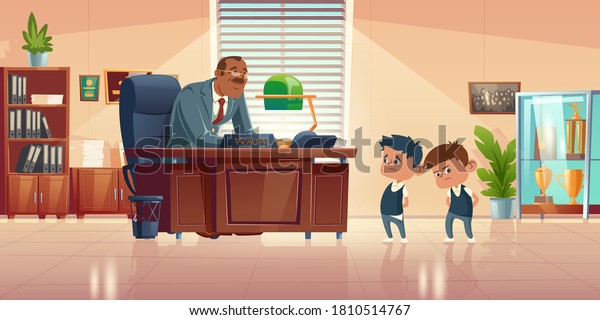 Teacher\
meeting with kids in principals office. Vector cartoon illustration\
of kind man school headmaster talk with two guilty boys.\
Administration cabinet with director and\
students
