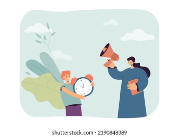 Teacher with megaphone and school boy holding big alarm clock. Woman giving homework to student flat vector illustration. Education, time management, deadline concept for banner or landing web page