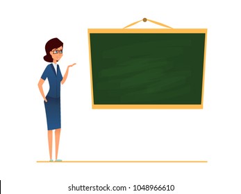 Teacher, mentor or coach standing in front of blank school blackboard. vector illustration. Female trainer in glasses pointing and showing or present lecture