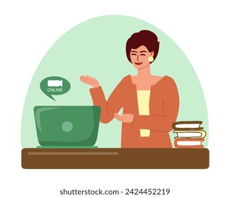 Un profesor, un metodólogo, un psicólogo, un tutor conduce una lección, una conferencia, una consulta o una reunión de padres de forma remota a través de un enlace de vídeo. Educación a distancia, escuela, universidad, estudio. Ilustración de vector
