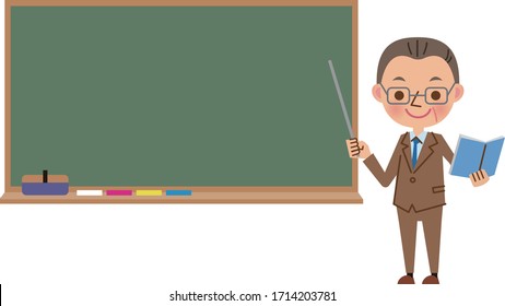 A teacher (middle-aged man) giving a smile while using the blackboard