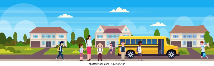 teacher with mix race pupils walking in yellow school bus pupils transport concept residential suburban street landscape background flat horizontal banner full length