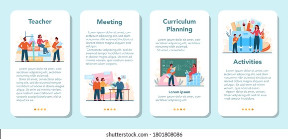 Teacher Mobile Application Banner Set. Profesor Planning Curriculum, Meeting Parents. School Or College Workers. Idea Of Education And Knowledge. Isolated Flat Vector Illustration