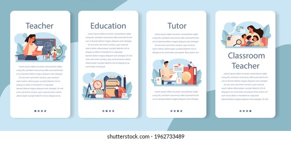 Teacher mobile application banner set. Profesor standing