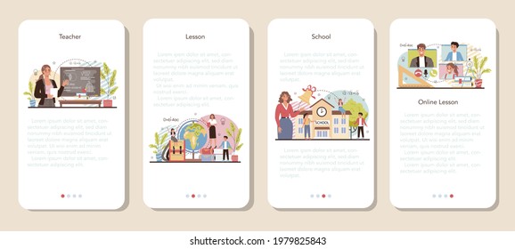 Juego de banners de aplicación móvil para profesores. Profesor dando una lección en un aula. Trabajadores escolares o universitarios. Idea de educación y conocimiento. Ilustración vectorial plana aislada