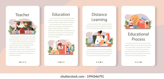 Teacher mobile application banner set. Professor giving a lesson in a classroom. School or college workers. Idea of education and knowledge. Isolated flat vector illustration