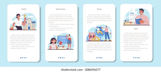 Teacher mobile application banner set. Professor giving a lesson in a classroom. School worker teaching children school curriculum. Isolated flat vector illustration