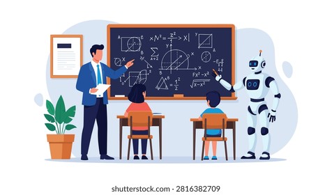 Teacher and modern robot explaining complex math formulas to primary school children in a futuristic classroom.