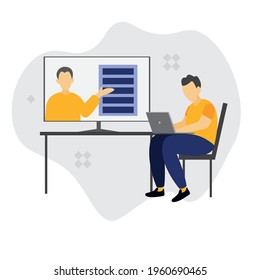 The teacher in the monitor points to work, man sitting on laptop. Content creation, creative person vector concept
EPS 10 illustration