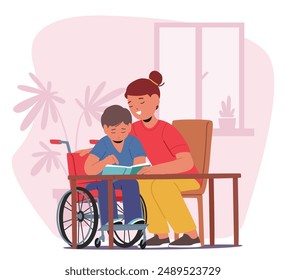 Teacher Or Mother Assisting A Student Boy In A Wheelchair With Homework. The Supportive And Encouraging Environment Highlights The Importance Of Inclusive Education And Personalized Teaching Methods