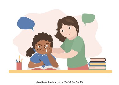 Teacher and mother calming down crying child. Unhappy student at lessons. Information excessive amount. Stressed african american girl with books piles and notes. Child doing homework. flat vector