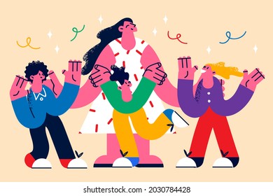 Teacher and mother with children concept. Young smiling woman standing embracing group of happy children outdoors celebrating mother or teachers day vector illustration 