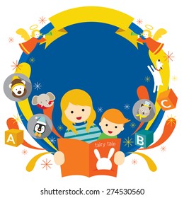 Teacher or Mother Reading Fairy Tale for Son with Frame, Kindergarten, Preschool, Kids, Education, Learning and Study Concept