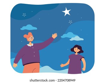 Teacher or mother showing stars in night sky to little girl. Woman and student or daughter looking at stars flat vector illustration. Astronomy, education concept for banner or landing web page