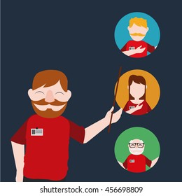 teacher with moustache  pointer pointing with his three colleagues , illustration on dark blue background
