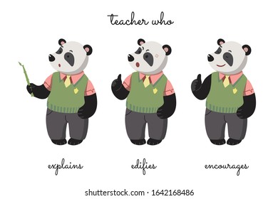 A teacher Mr Panda that explains, censures, and encourages. Vector on white background.