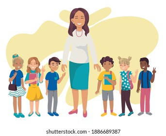 Teacher and multicultural school children group. Education and school concept. Cartoon character flat vector illustration.