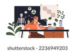Teacher of natural science in biology class room. Professor at table with microscope, skeleton in school classroom. Biologist scientist at lesson. Flat vector illustration isolated on white background