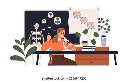 Profesor de ciencias naturales en clase de biología. Profesor en la mesa con microscopio, esqueleto en clase. Científico biólogo en clase. Ilustración vectorial plana aislada en fondo blanco