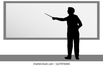 Teacher near the blackboard with a pointer. Business conference, presentation. Lecture at the university, training. Lecturer lesson. Courses of knowledge. Silhouette Vector Illustration