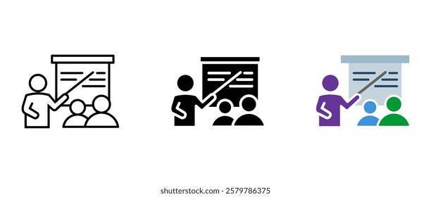 Teacher near a presentation board icon. A seminar with students symbol. A professor at a training pictogram. A business meeting illustration. Learning in a classroom sign.