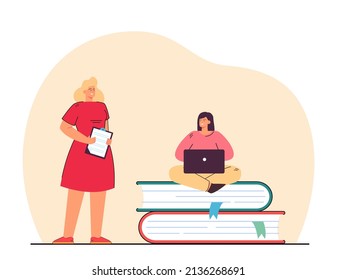 Teacher next to girl with laptop sitting on big books. Professor checking progress of student flat vector illustration. Education, training concept for banner, website design or landing web page