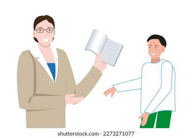 A teacher with a notebook in his hand and a student on a white background. Flat vector illustration