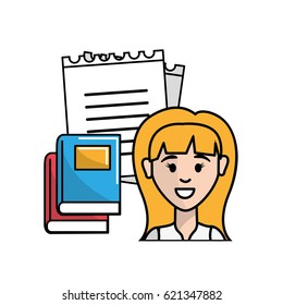 teacher with notebook pappers and books