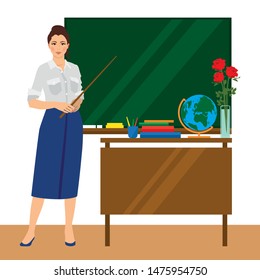 Teacher on the background of the blackboard in classroom. Teacher with pointer, teacher showing on board. Vector illustration om white background.