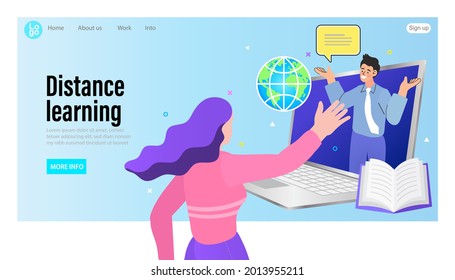 Teacher on computer monitor. Webinar and video seminar learning vector concept. Online education and graduation. Idea of skills and internet. laptop and book. cartoon flat vector illustration.