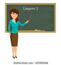 Teacher on lesson in classroom. Young teacher with pointer showing on blackboard. Vector illustration
