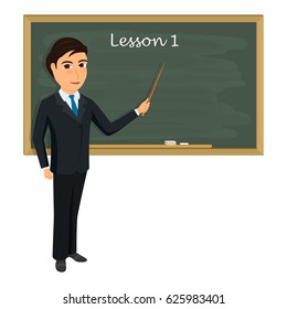 Teacher on lesson in classroom. Young teacher with pointer showing on blackboard. Vector illustration