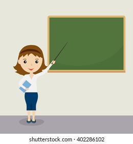 Teacher on lesson. Female teacher with brown hair at the chalkboard. Teacher welcomes students back to school with a pointer. Vector illustration