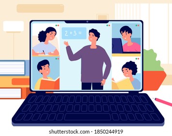 Teacher on screen. Student group, virtual school teaching on laptop. Young coach with boy girl, online college meeting utter vector concept