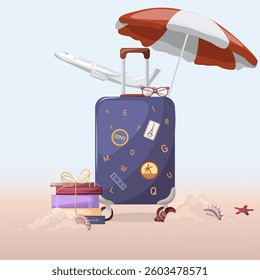 Teacher on vacation.Beach, seashells, suitcase, airplane, sunshade, books and glasses.Travel-related marketing materials such as websites,brochures,representing luggage,packing or travel preparation.