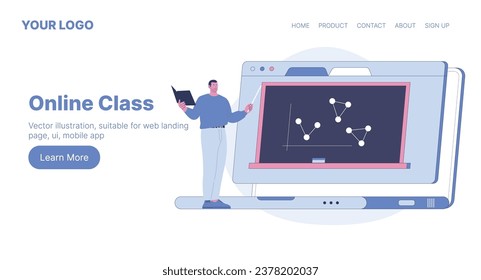 Teacher Online Class. Web Landing Page Design. Flat Cartoon Vector Illustration. Vector illustration, suitable for web landing page, ui, mobile app