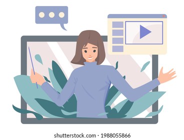 Teacher online education with video call concept of online learning. illustration flat vector cute cartoon 