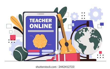 Teacher online service concept. Guitar and paintbrush with paints, globe. Remote education, learning and training. Creativity development. Cartoon flat vector illustration isolated on white background