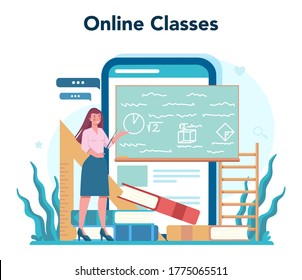 Teacher online service or platform. Profesor standing in front of the blackboard. School or college workers. Online report card. Isolated flat vector illustration