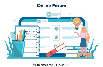 Teacher online service or platform. Profesor standing in front of the blackboard. School or college workers. Online forum. Isolated flat vector illustration