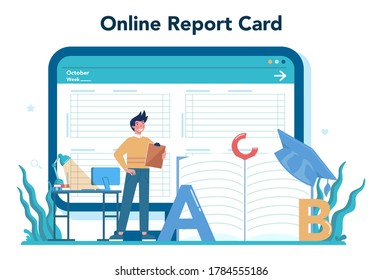 Teacher online service or platform. Profesor standing in front of the blackboard. School or college workers. Online report card. Isolated flat vector illustration