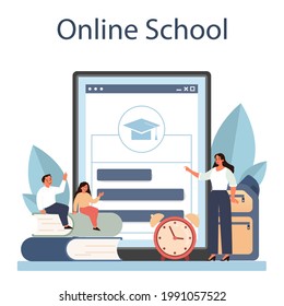 Teacher online service or platform. Profesor standing in front of the blackboard. School or college worker. Online school. Flat vector illustration