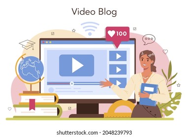 Teacher online service or platform. Professor giving a lesson in a classroom. School or college workers. Video blog. Flat vector illustration